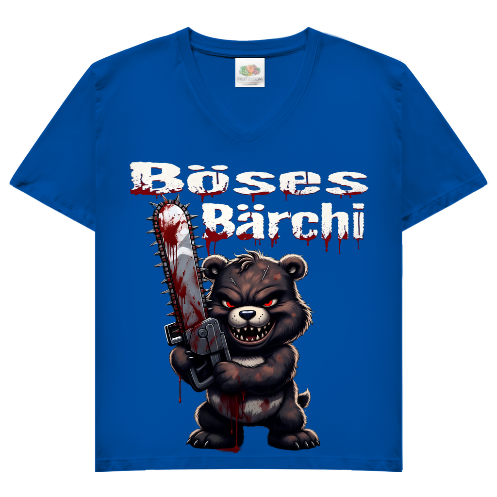 Böses Bärchi Kettensäge Damen V-Neck T-Shirt Royal Blue
