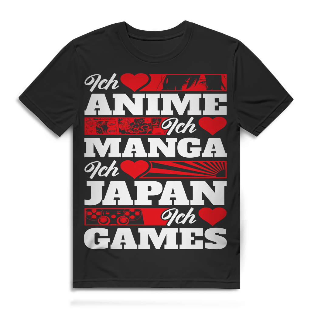 Herren T-Shirt Ich liebe Anime Manga Japan Games Otaku Shirt Black