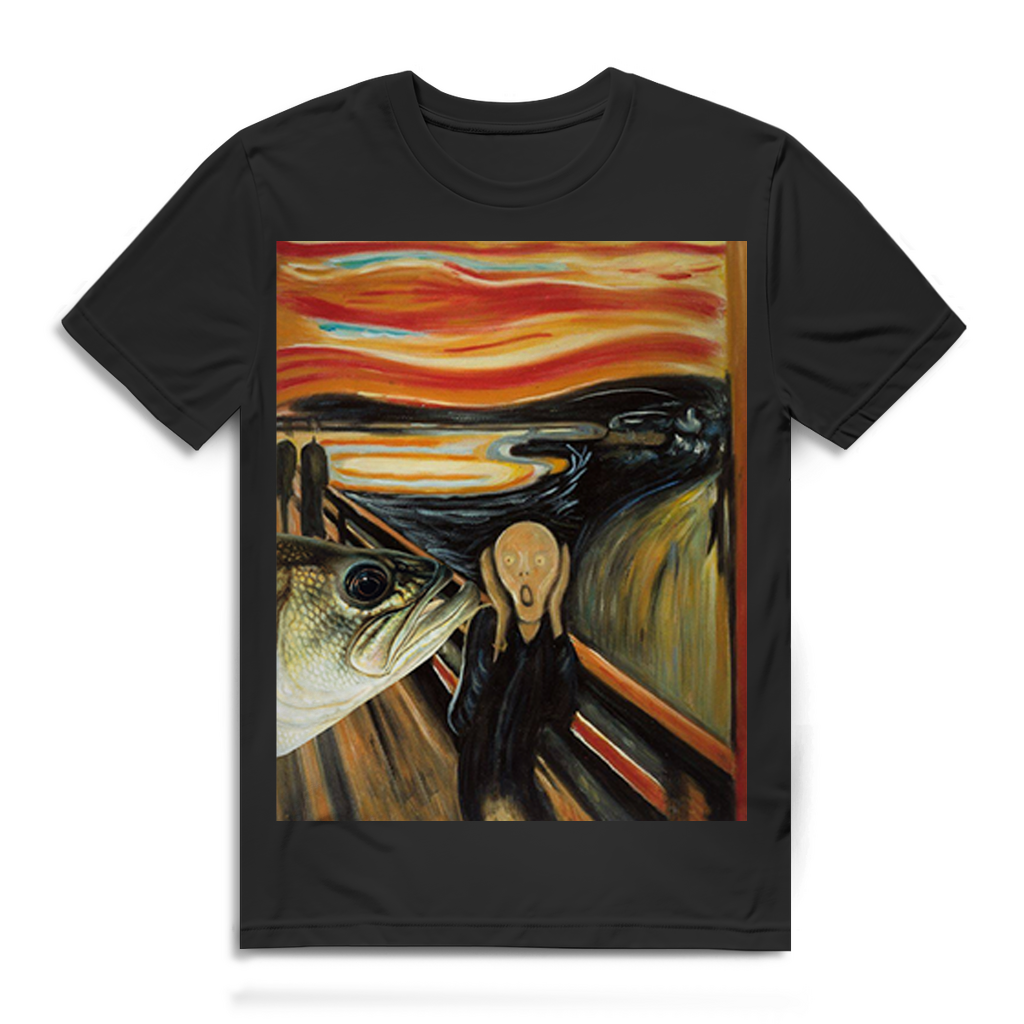 Herren T-Shirt Der Schrei Fisch Angler Kunst Parodie Shirt Black