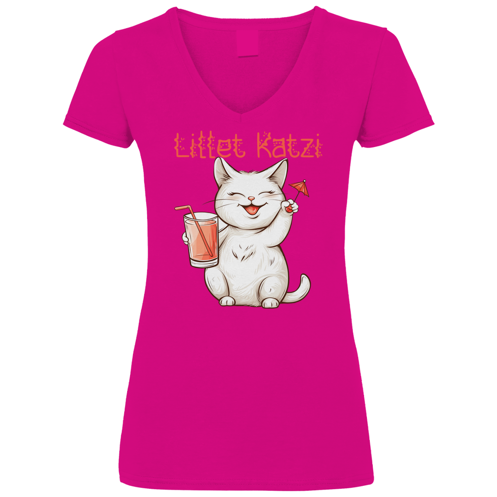 Lillet Katzi Katze - V-Neck Damenshirt Fuchsia L