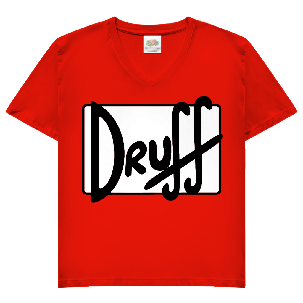 Damen V-Neck T-Shirt druff – Bold Retro Logo Design im Cartoon-Style Red