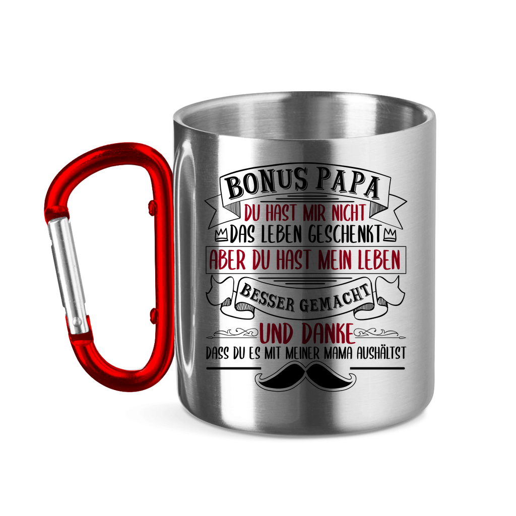 Bonus Papa danke dass du es mit meiner Mama aushältst - Edelstahltasse mit Karabinergriff