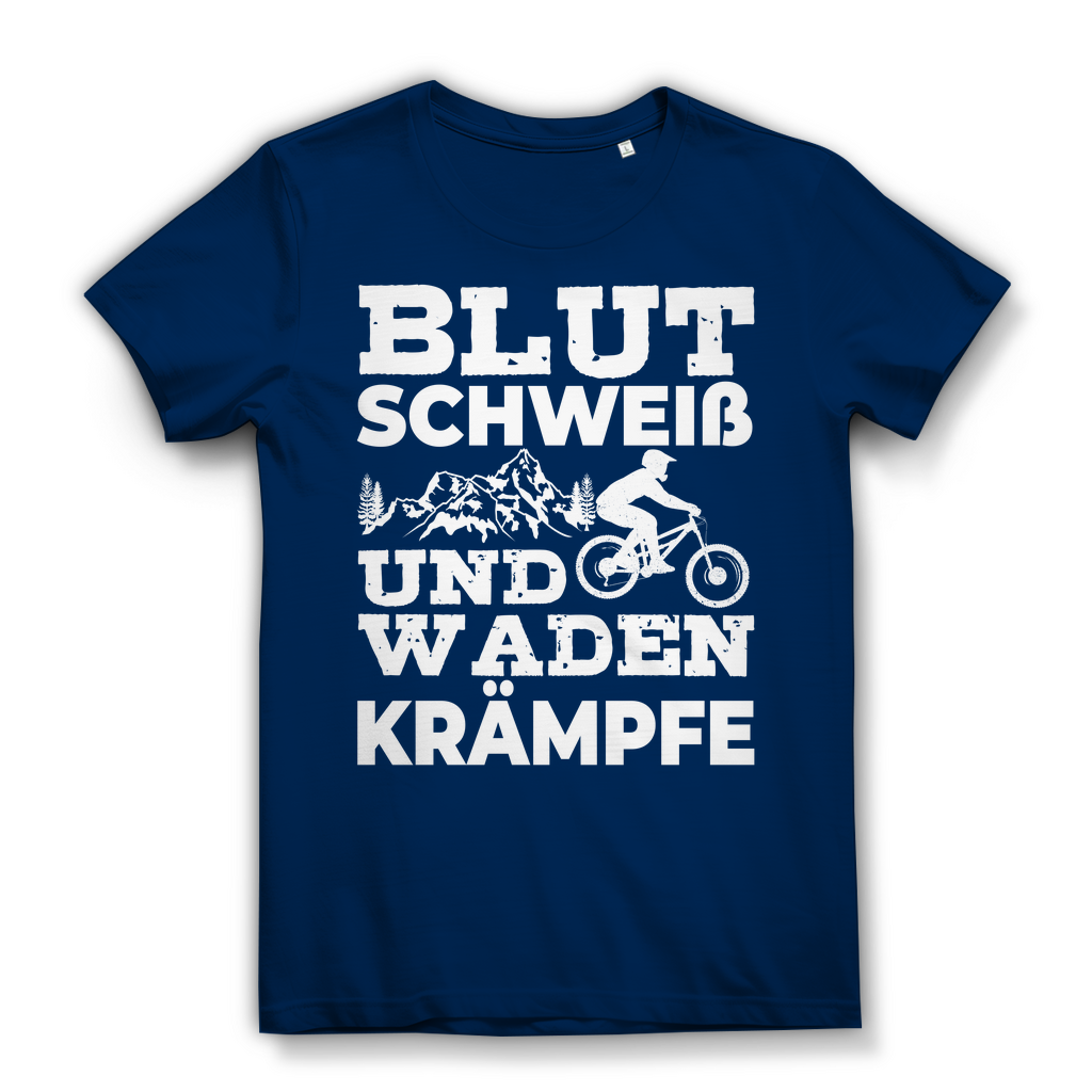 Lustiges Damen Bio T-Shirt Blut Schweiß und Wadenkrämpfe Radfahrerin MTB Spruch