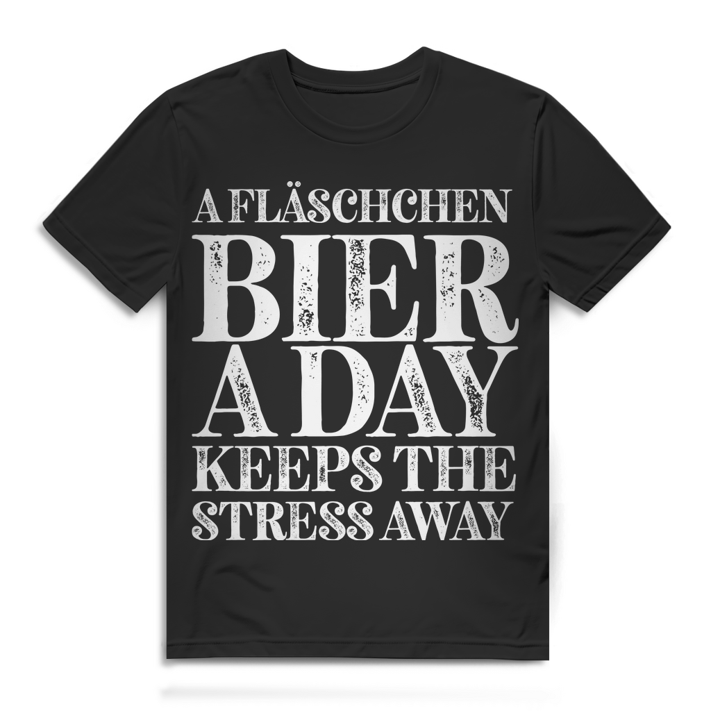 Bier Spruch T-Shirt Herren – A Fläschchen Bier a Day keeps the Stress away Black