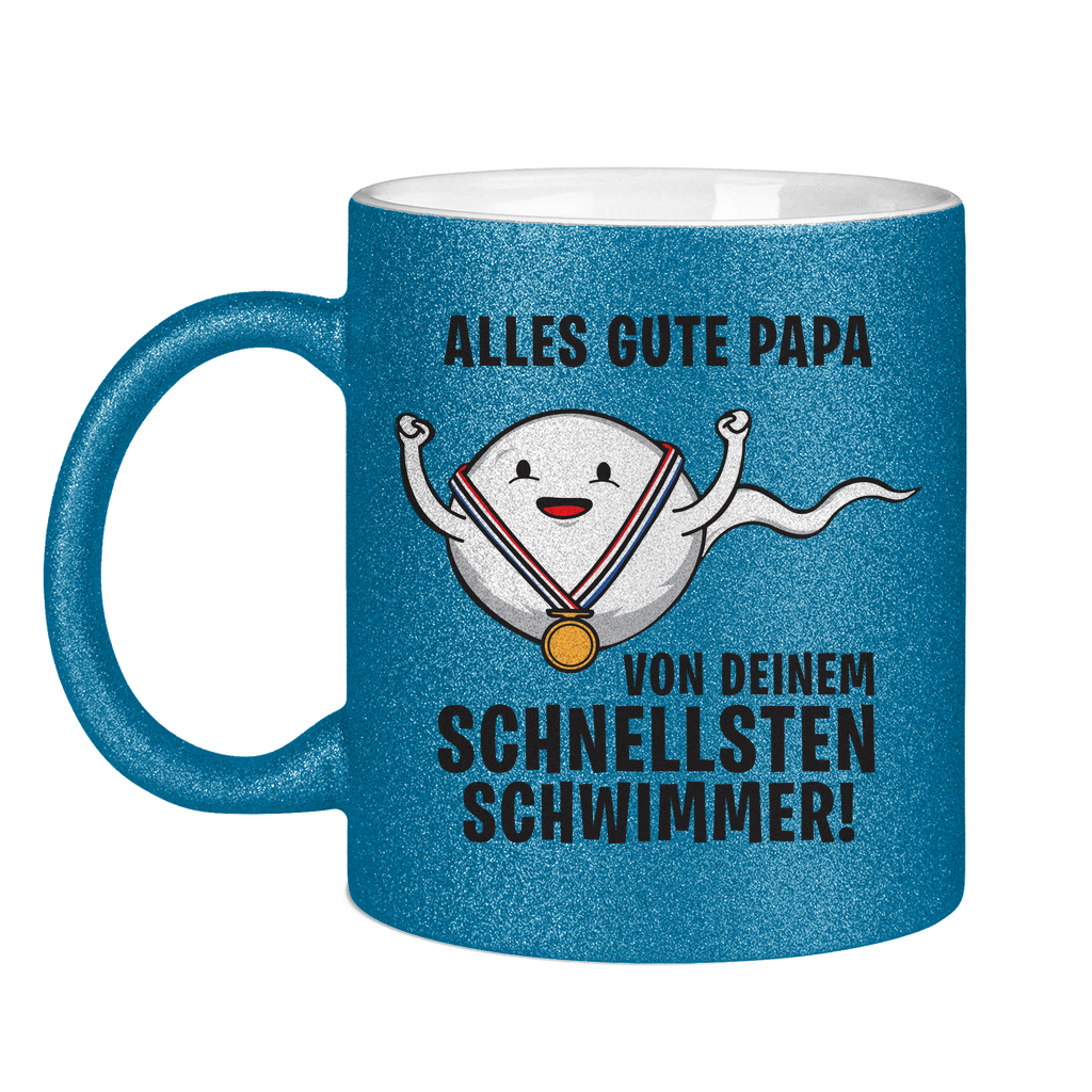 Alles gute Papa von deinem schnellsten Schwimmer! - Glitzertasse Blue Glitter One size