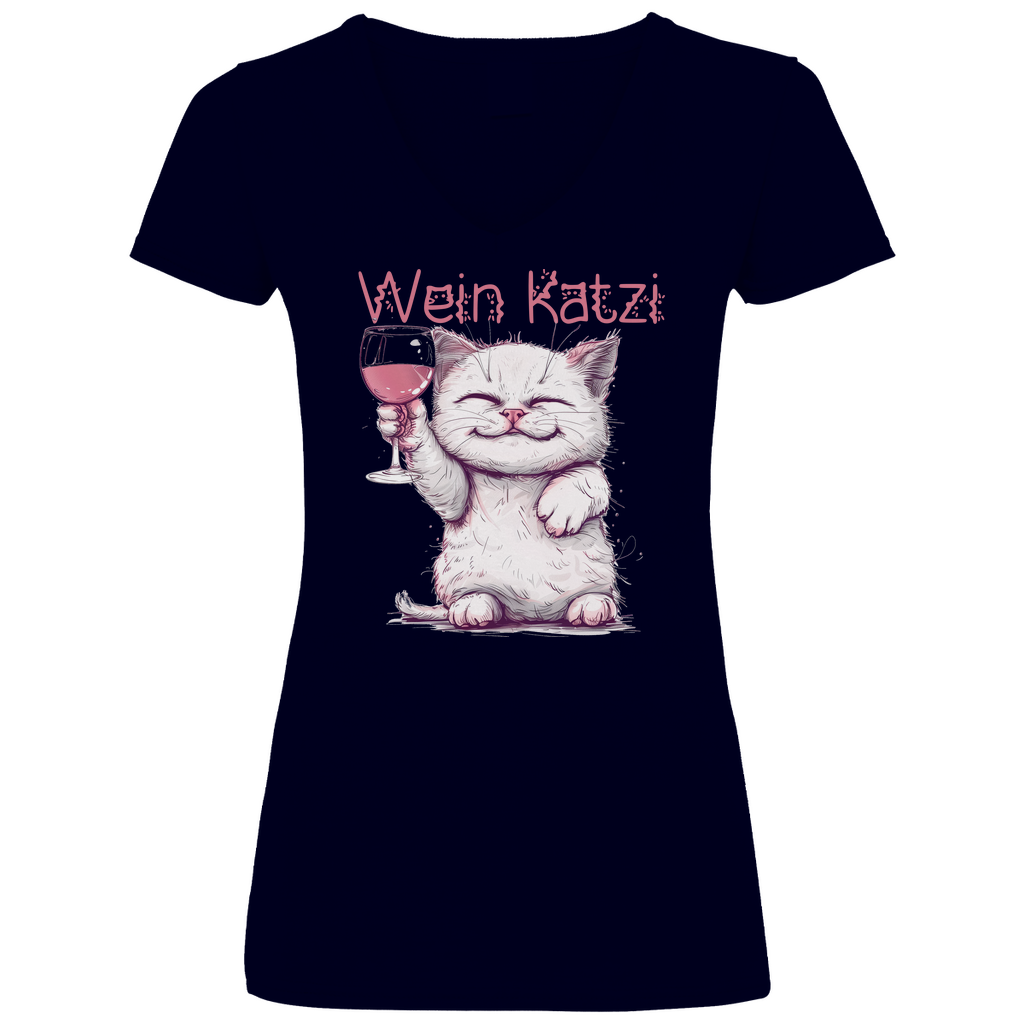 Wein Katzi Katze - V-Neck Damenshirt Deep Navy
