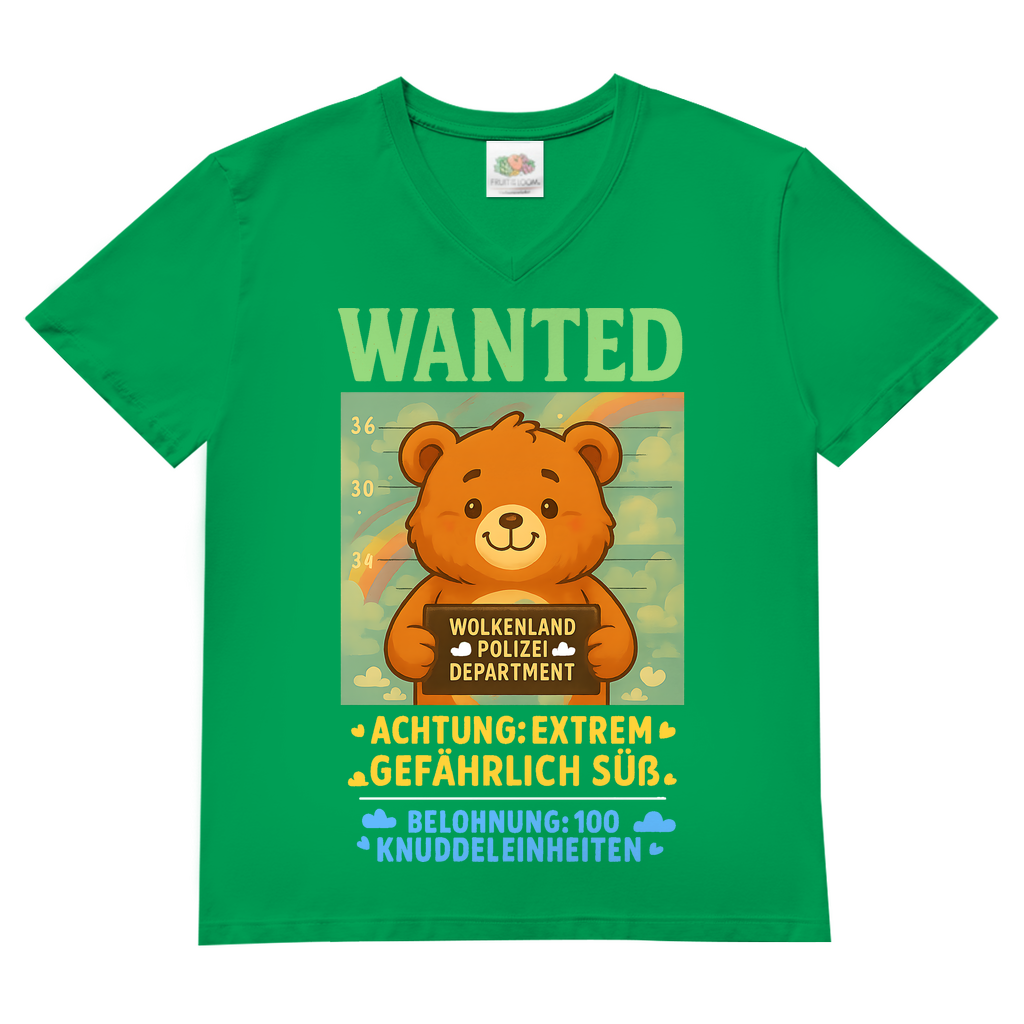 Herren V-Neck T-Shirt Wanted Glücksbärchi Wolkenland Extrem Gefährlich Süß Kelly Green
