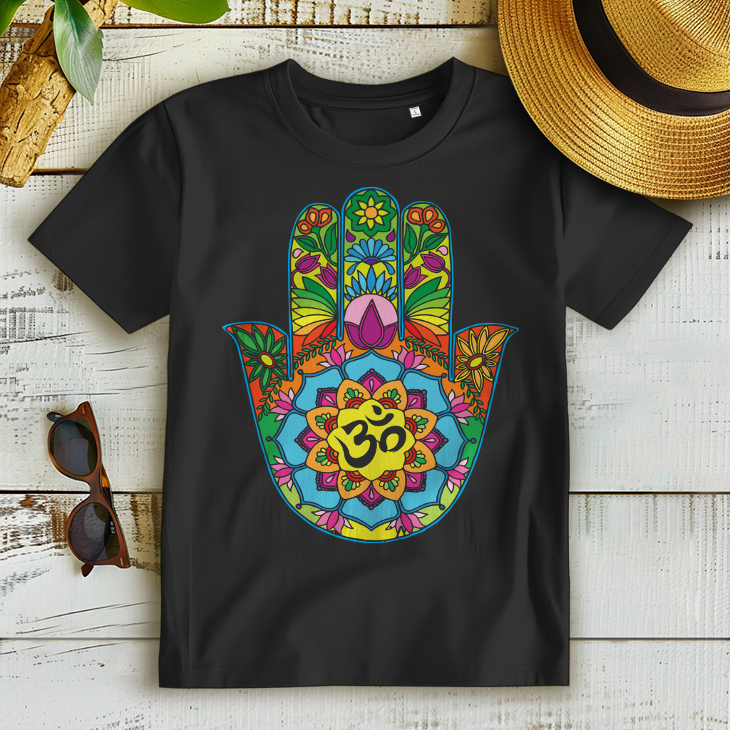Goa T-Shirt Damen – Buddha Hand mit Om Yoga Symbol und Mandala