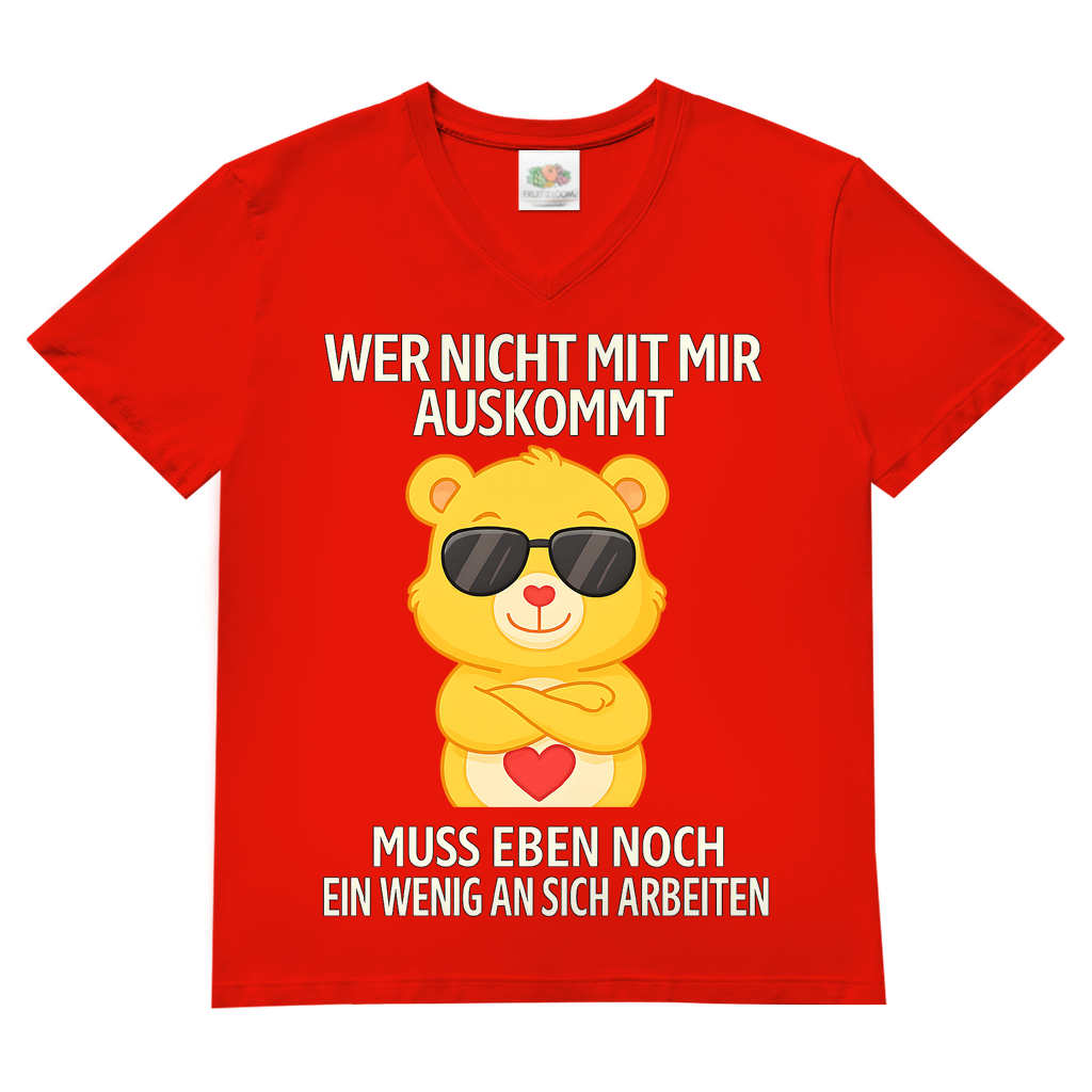 Herren V-Neck T-Shirt Wer nicht mit mir auskommt Glücksbärchi Bärchi Spruch Red