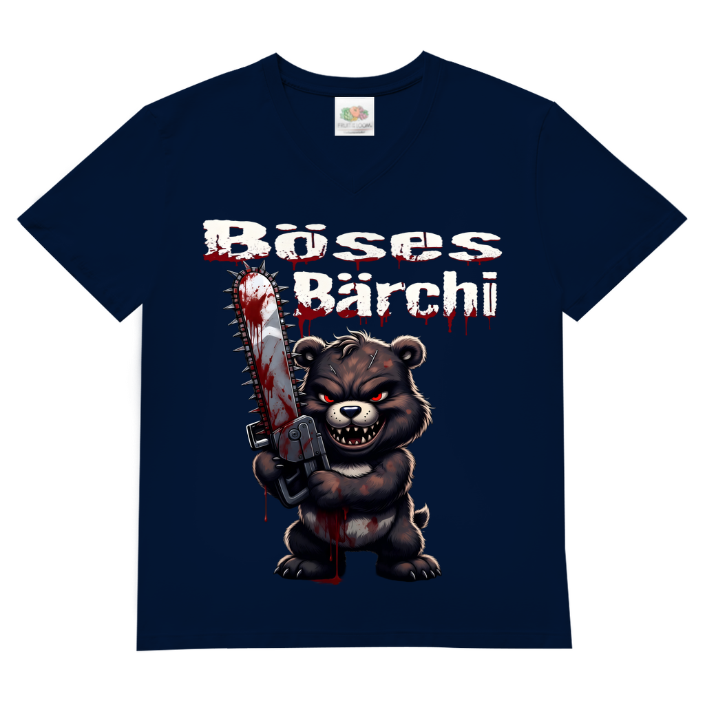Böses Bärchi Kettensäge Herren V-Neck T-Shirt Navy