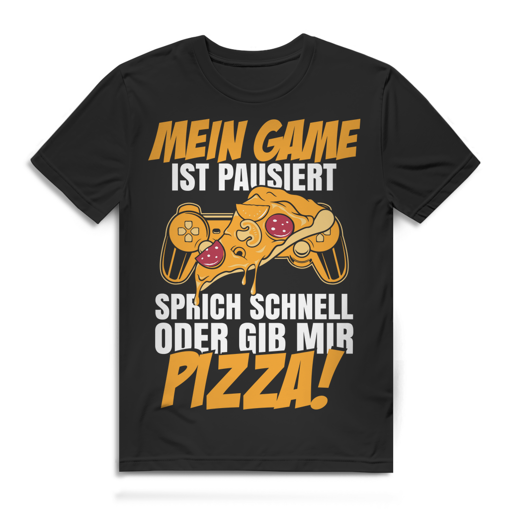 Herren T-Shirt Mein Game ist pausiert sprich schnell oder gib mir Pizza Black