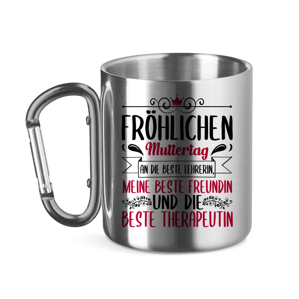 Fröhlichen Muttertag an die beste Mutter - Edelstahltasse mit Karabinergriff Silver 320 ml