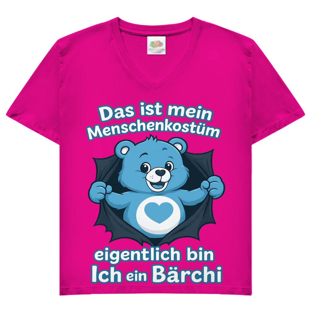 Damen V-Neck T-Shirt Menschenkostüm eigentlich bin ich ein Bärchi Fuchsia