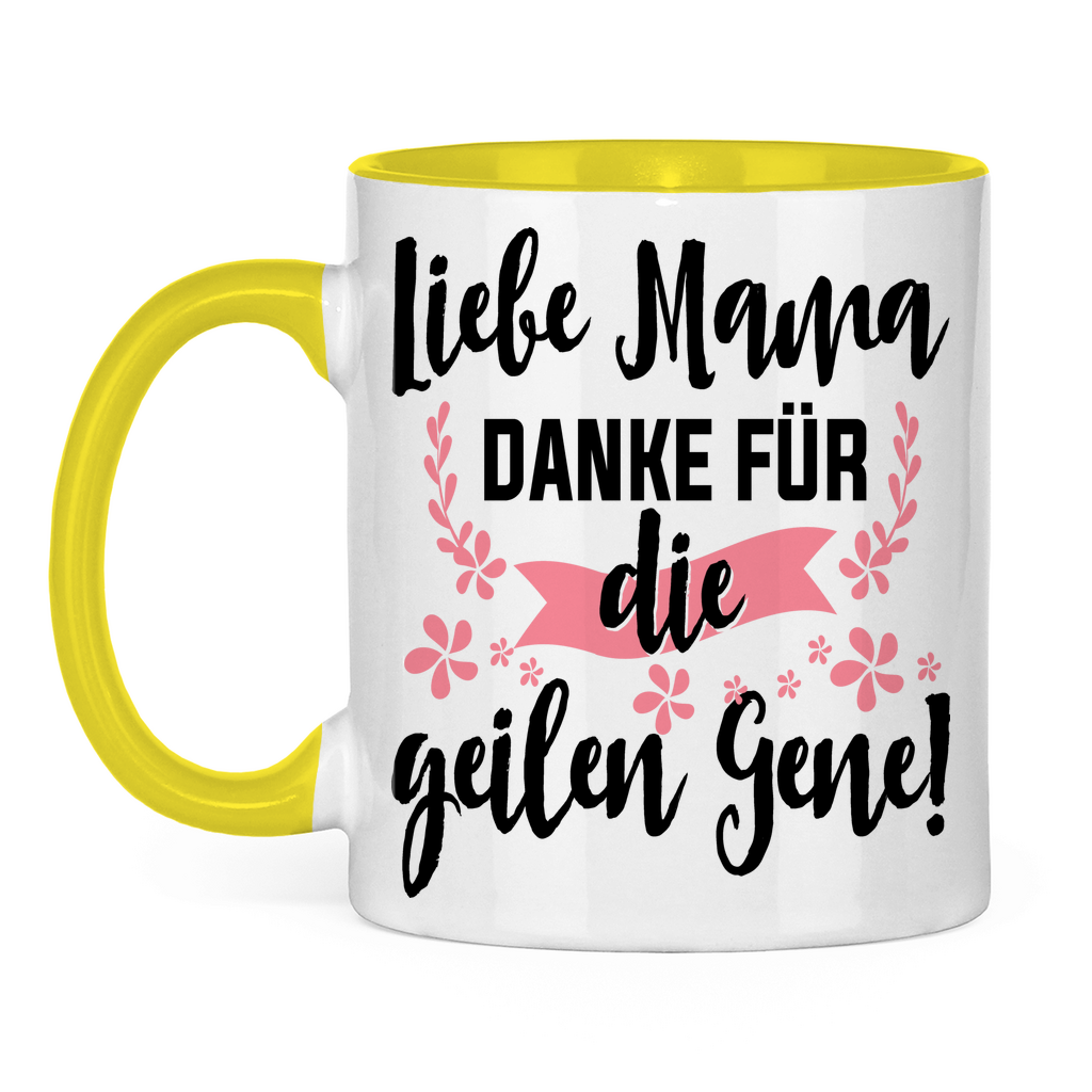 Liebe Mama danke für die geilen Gene! - Tasse zweifarbig Yellow