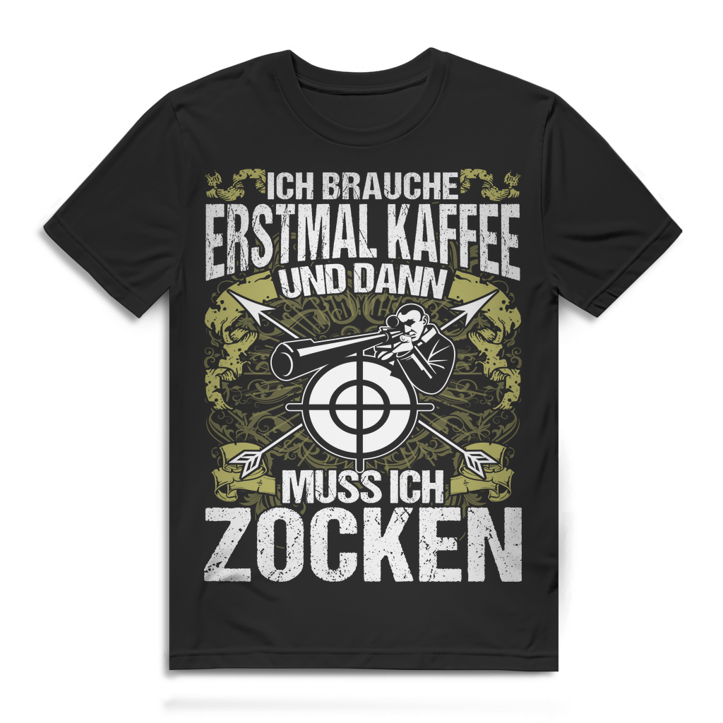 Herren T-Shirt Erstmal Kaffee dann muss ich zocken Gamer Shirt Bio Baumwolle Black