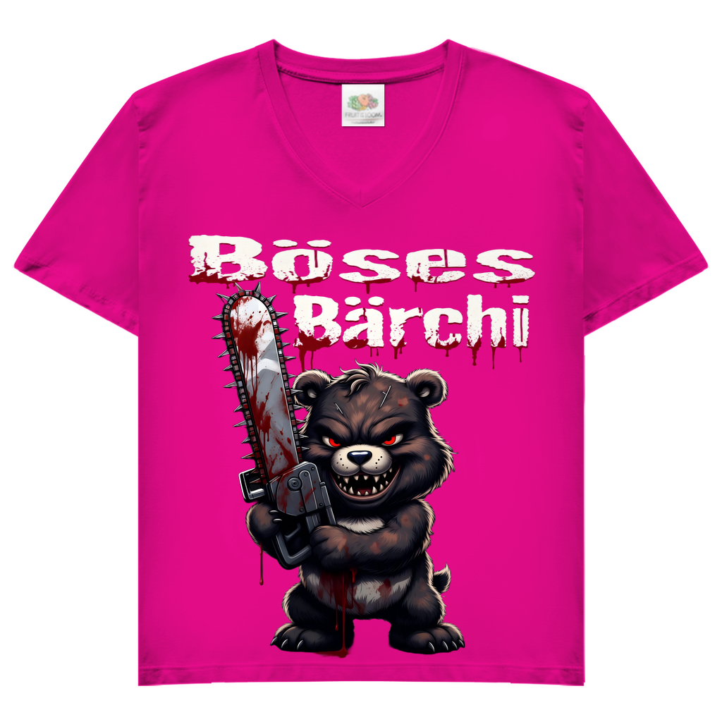 Böses Bärchi Kettensäge Damen V-Neck T-Shirt Fuchsia