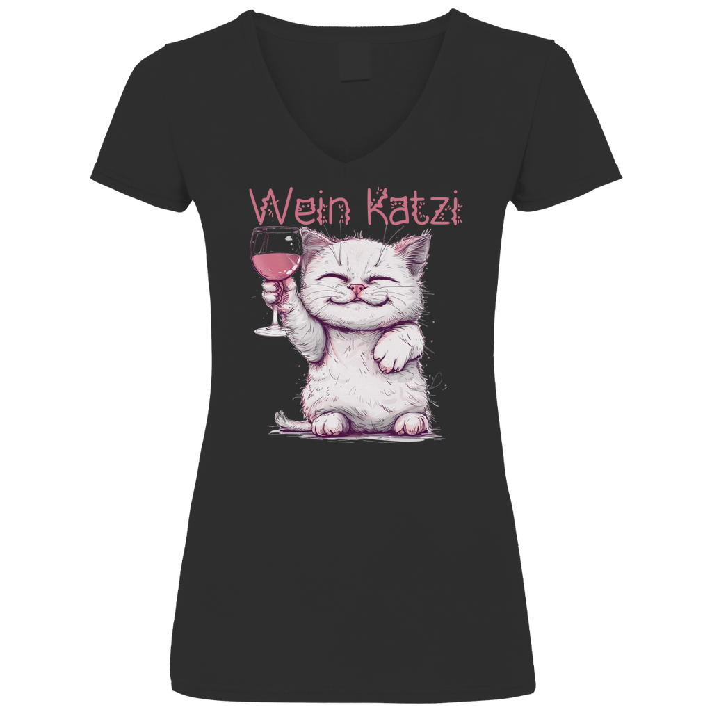 Wein Katzi Katze - V-Neck Damenshirt Black