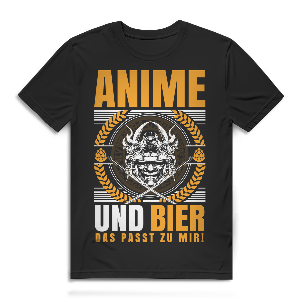 Herren T-Shirt Anime und Bier das passt zu mir Samurai Bio Baumwolle Black