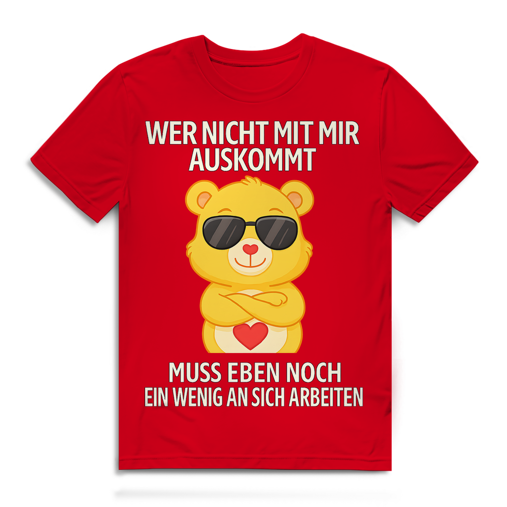 Herren Premium Bio T-Shirt Glücksbärchi Bär – Wer nicht mit mir auskommt Spruch Red