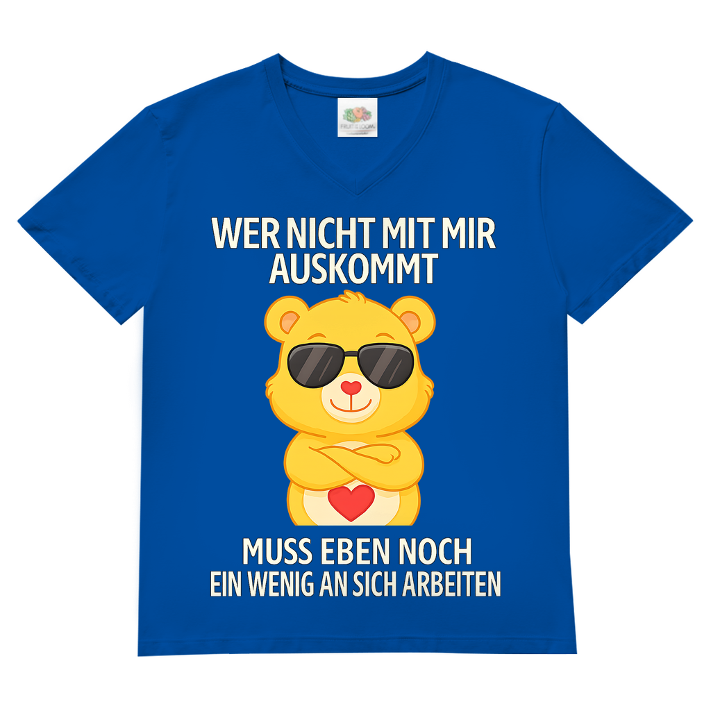 Herren V-Neck T-Shirt Wer nicht mit mir auskommt Glücksbärchi Bärchi Spruch Royal Blue