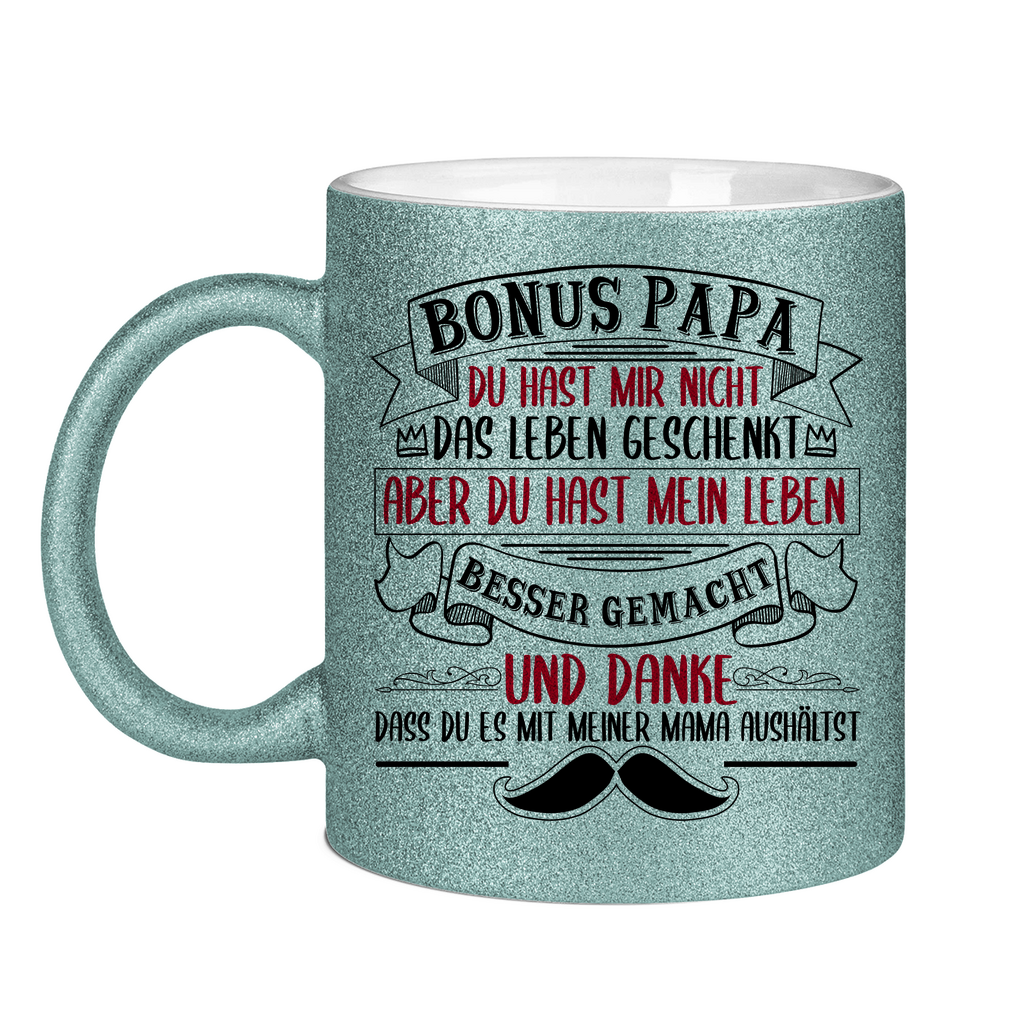 Bonus Papa danke dass du es mit meiner Mama aushältst - Glitzertasse Light Blue Glitter One size