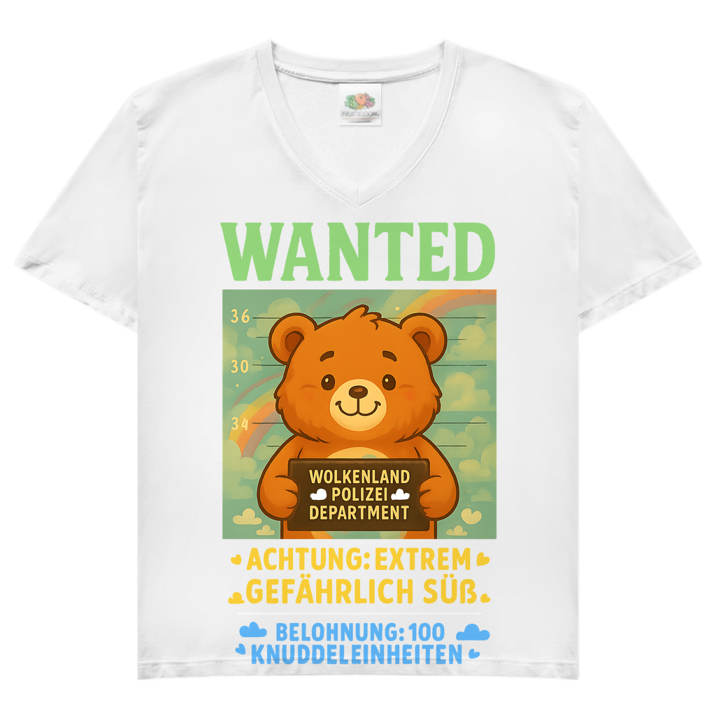 Damen V-Neck T-Shirt Wanted Glücksbärchi Wolkenland Extrem Gefährlich Süß White