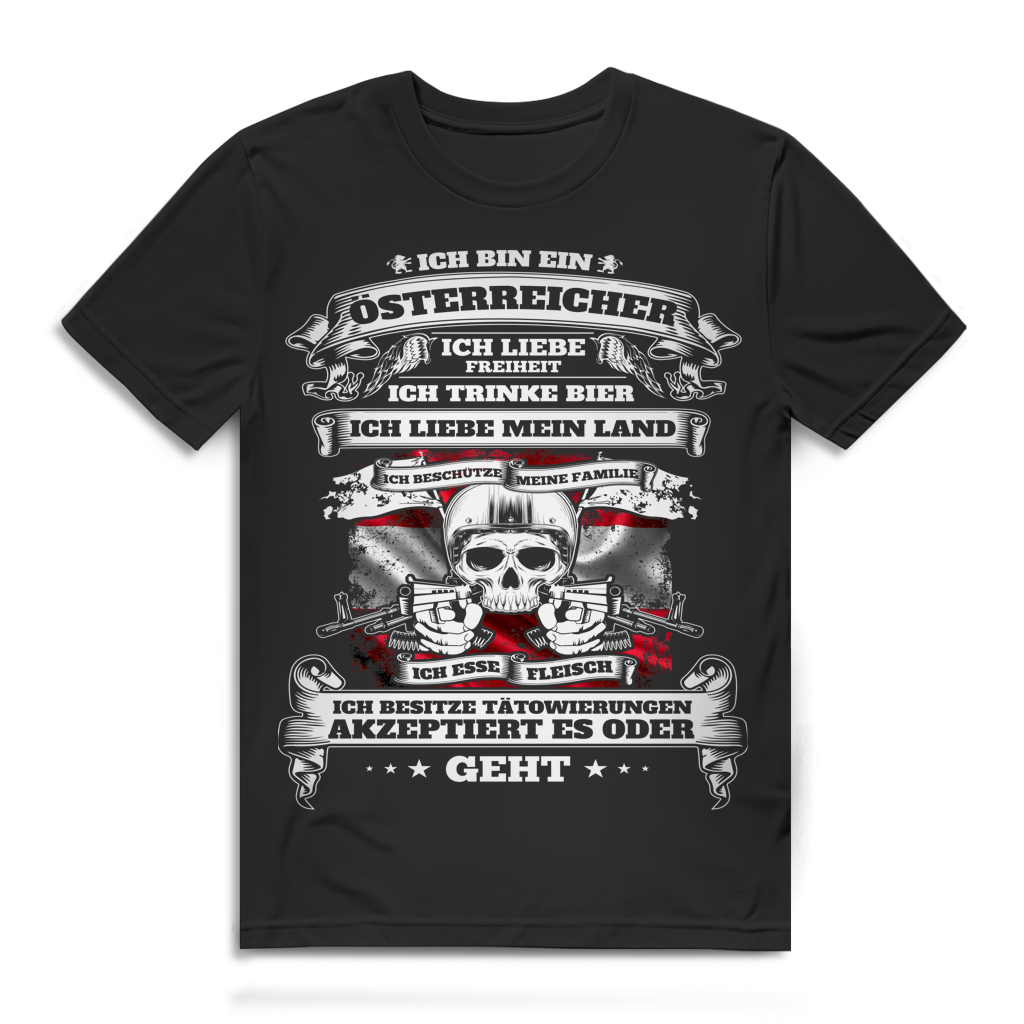 "Ich bin ein Österreicher" Shirt Männer – Patriotischer Spruch mit Flagge & Totenkopf Black