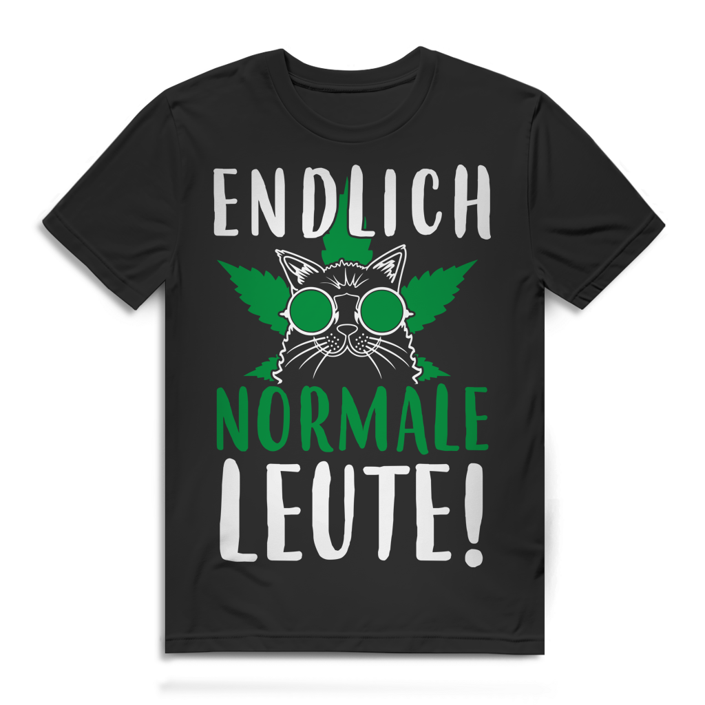 Herren T-Shirt Weed Katze – Endlich normale Leute – Kiffer Funshirt Black