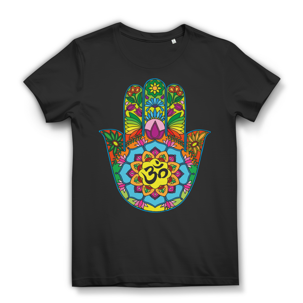 Goa T-Shirt Damen – Buddha Hand mit Om Yoga Symbol und Mandala Black