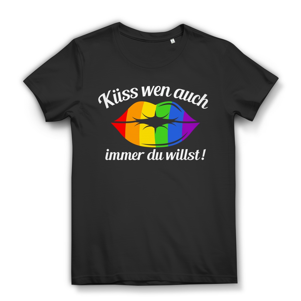Küss wen du willst Damen Shirt LGBTQ Pride T-Shirt Regenbogen Liebe Statement Black