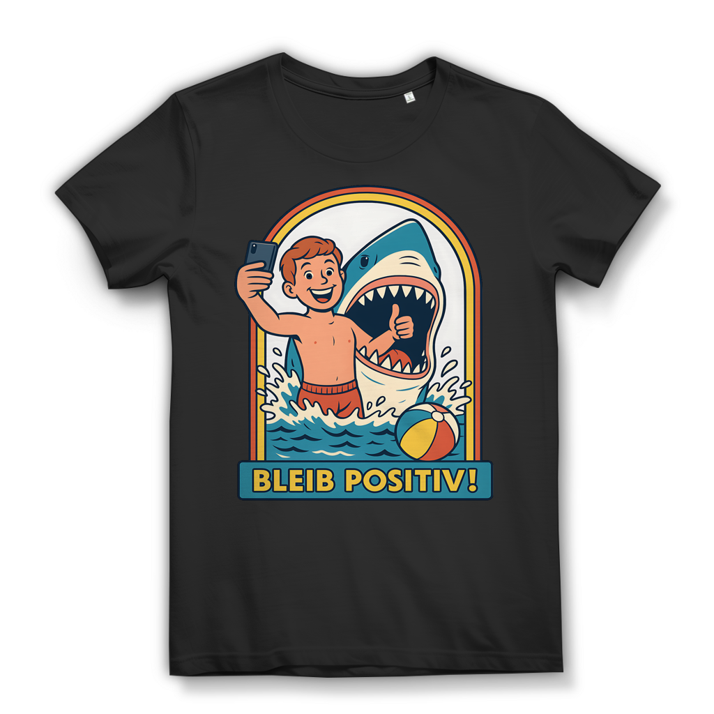 Bleib Positiv! Damen T-Shirt Hai Selfie Meer Retro Comic