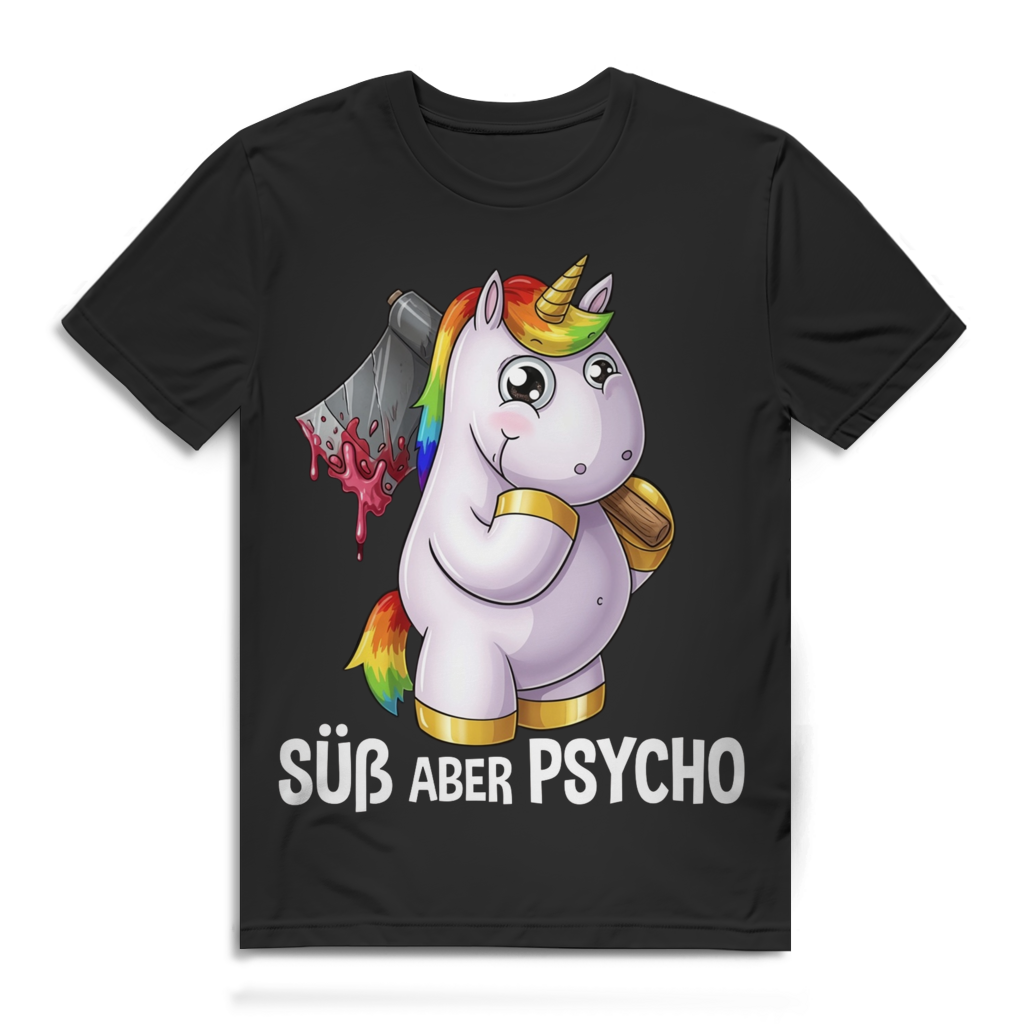 Süß aber Psycho Herren T-Shirt Einhorn Axt Motiv Funshirt Black