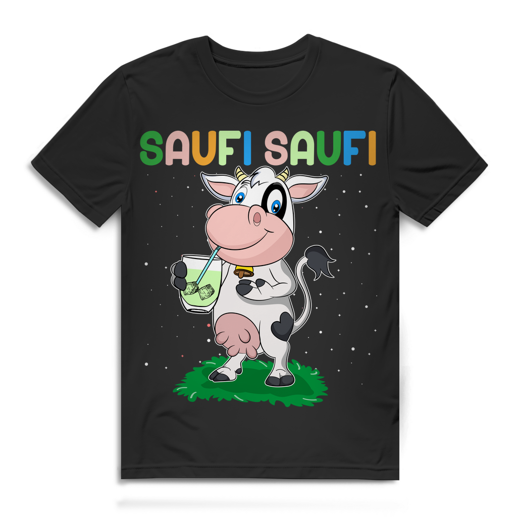 Saufi Saufi Kuh Herren T-Shirt lustig Funshirt Party Männer Shirt Kuh Motiv Black
