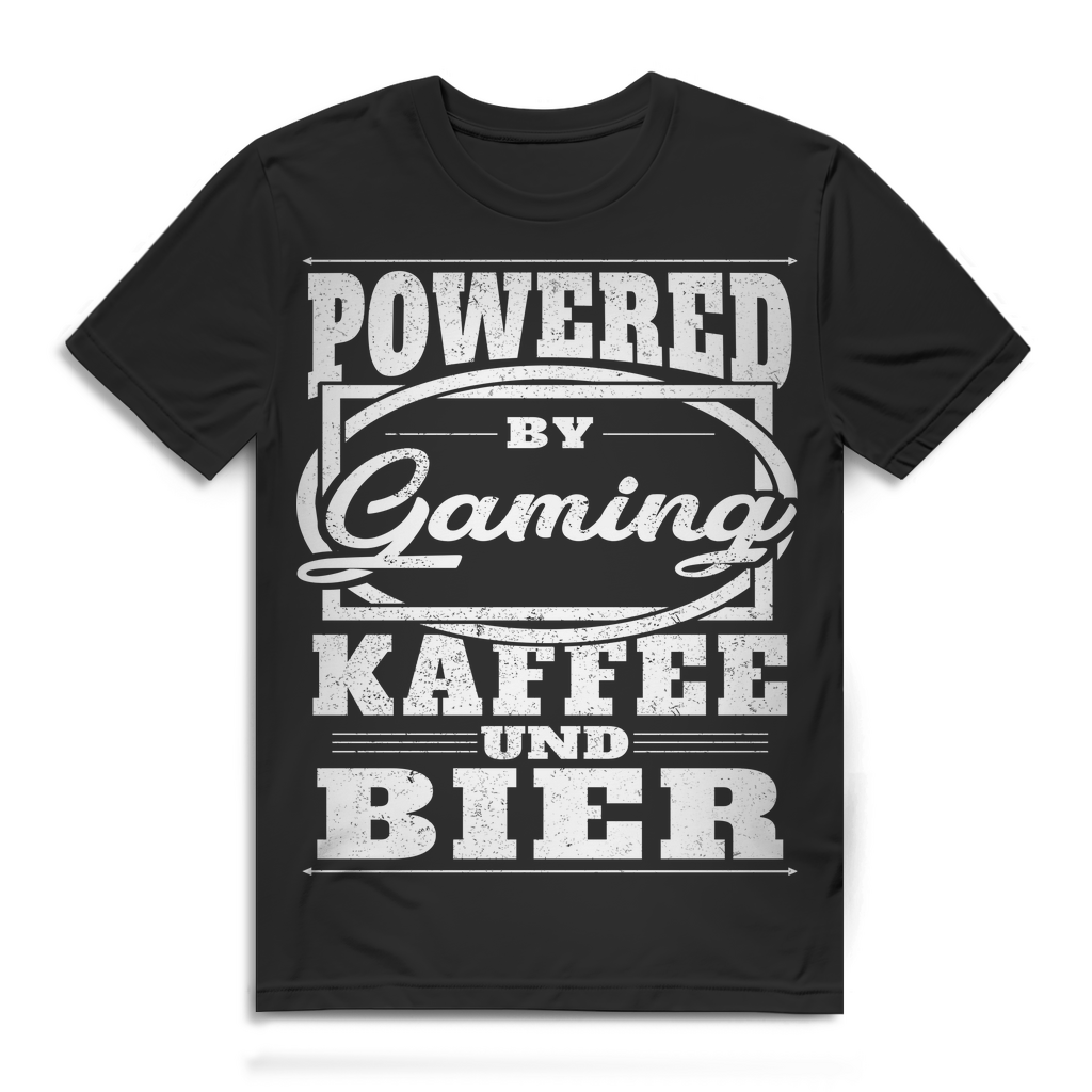 Herren T-Shirt Powered by Gaming Kaffee und Bier Gamer Shirt Bio Baumwolle Black