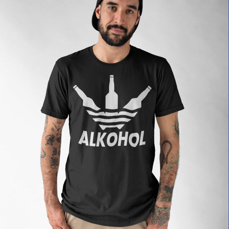 Lustiges Parodie Shirt Herren Flaschen und Schriftzug Alkohol Bio Baumwolle