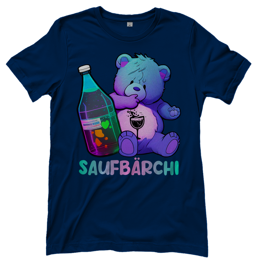 Dunkelblaues Saufbaerchi Damenshirt mit Flasche und Glas