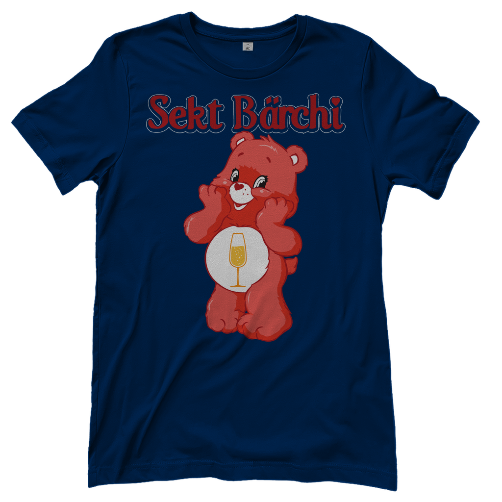 Dunkelblaues Sekt Bärchi Glücksbärchi Damenshirt mit Flasche und Glas