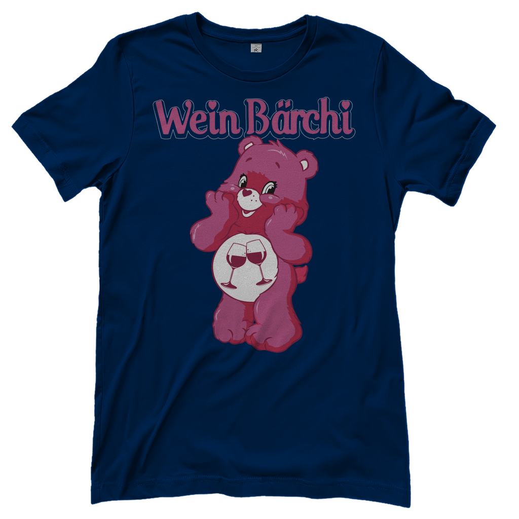 Dunkelblaues Wein Bärchi Glücksbärchi Damenshirt mit Weingläßern