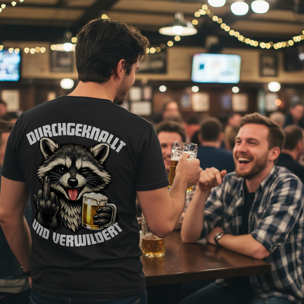 Durchgeknallt und verwildert Bier Mittelfinger Waschbär - Herren T-Shirt