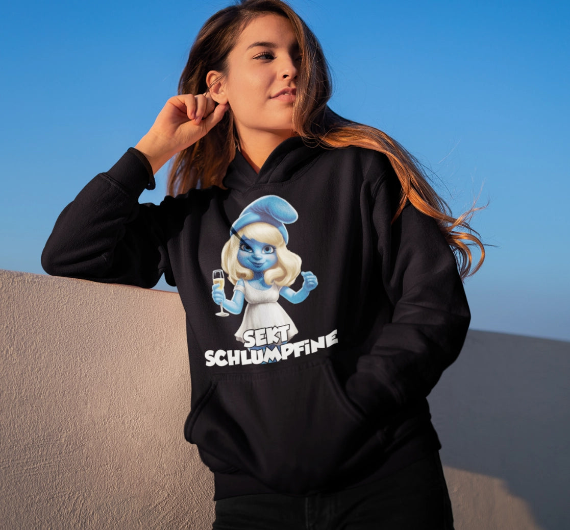 Eine Frau mit Damenhoodie Sekt Schlumpfine