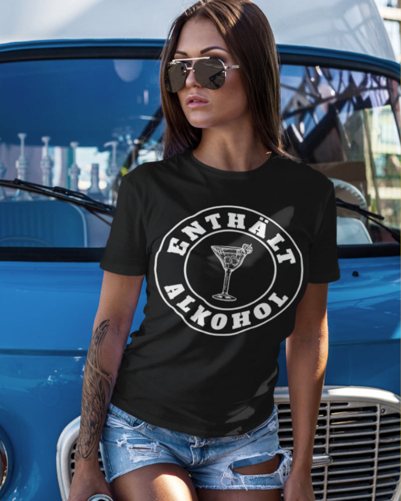 Warnung Enthält Alkohol – Damen Funshirt mit Glas Motiv für Feiern & Club