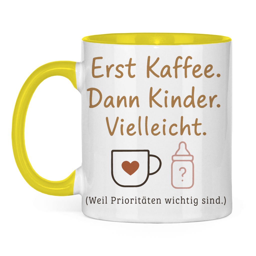 Erst Kaffee dann Kinder zweifarbige Tasse in gelb