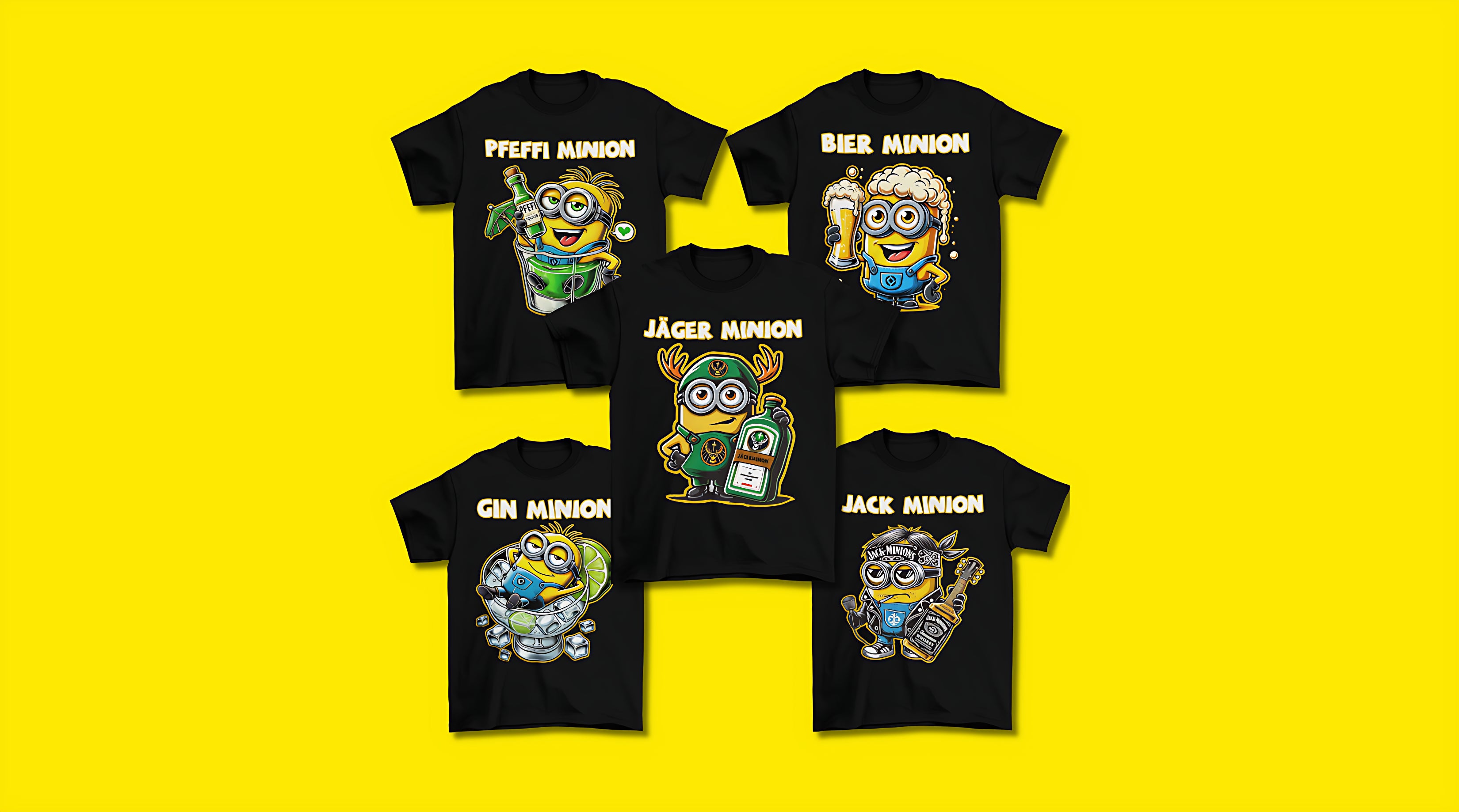 Fünf verschiedene Alkohol Minion T-Shirts auf gelben Hintergrund