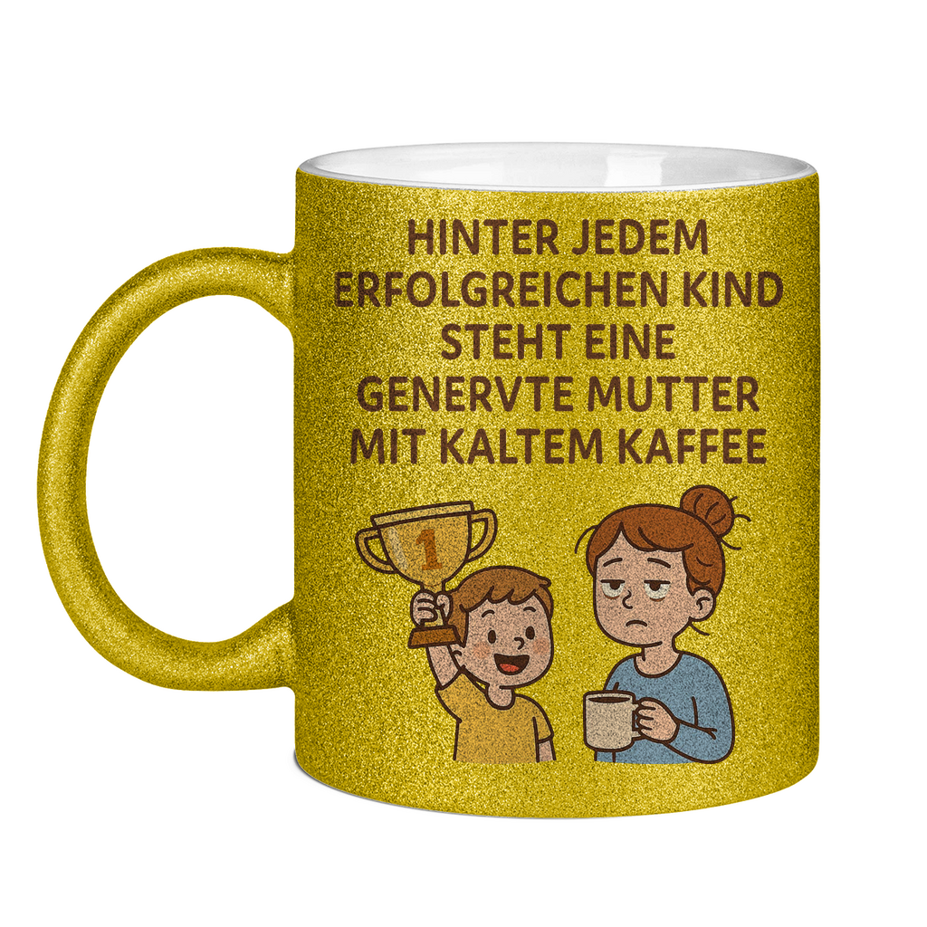 Glitzertasse mit lustigen Spruch zum Muttertag in Gelb