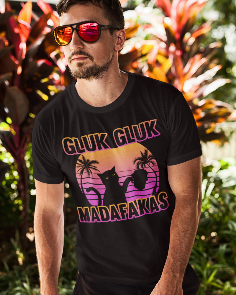 Katze Bier T-Shirt Männer – Gluk Gluk Madafakas Retroshirt mit Party Humor