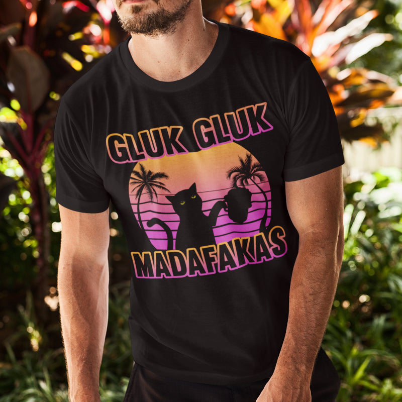 Katze Bier T-Shirt Männer – Gluk Gluk Madafakas Retroshirt mit Party Humor