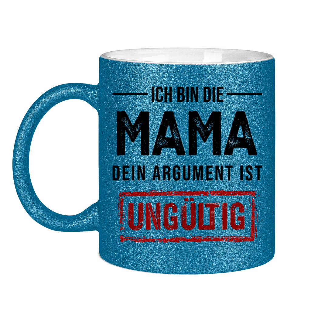 Ich bin die Mama Glitzertasse in blau