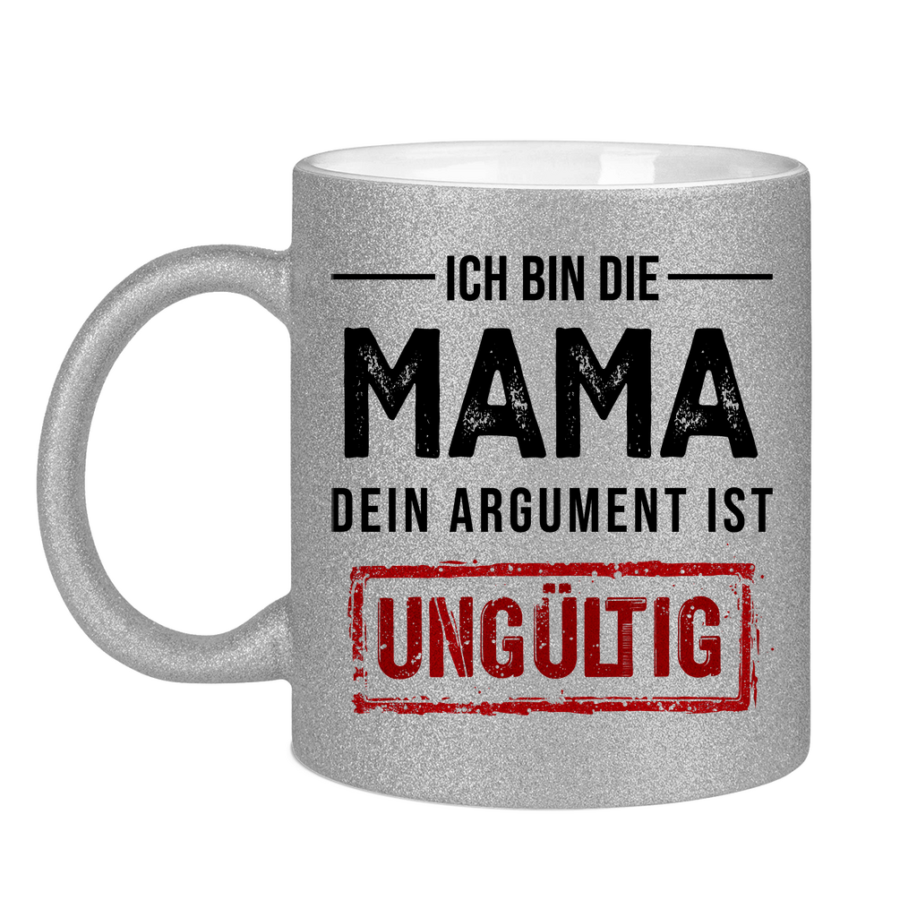 Ich bin die Mama Glitzertasse in silber
