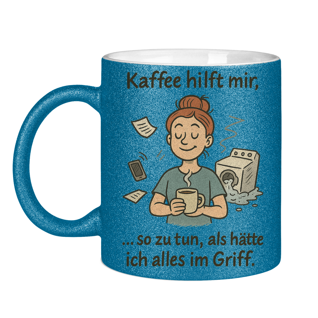 Kaffee hilft mir Glitzertasse in blau