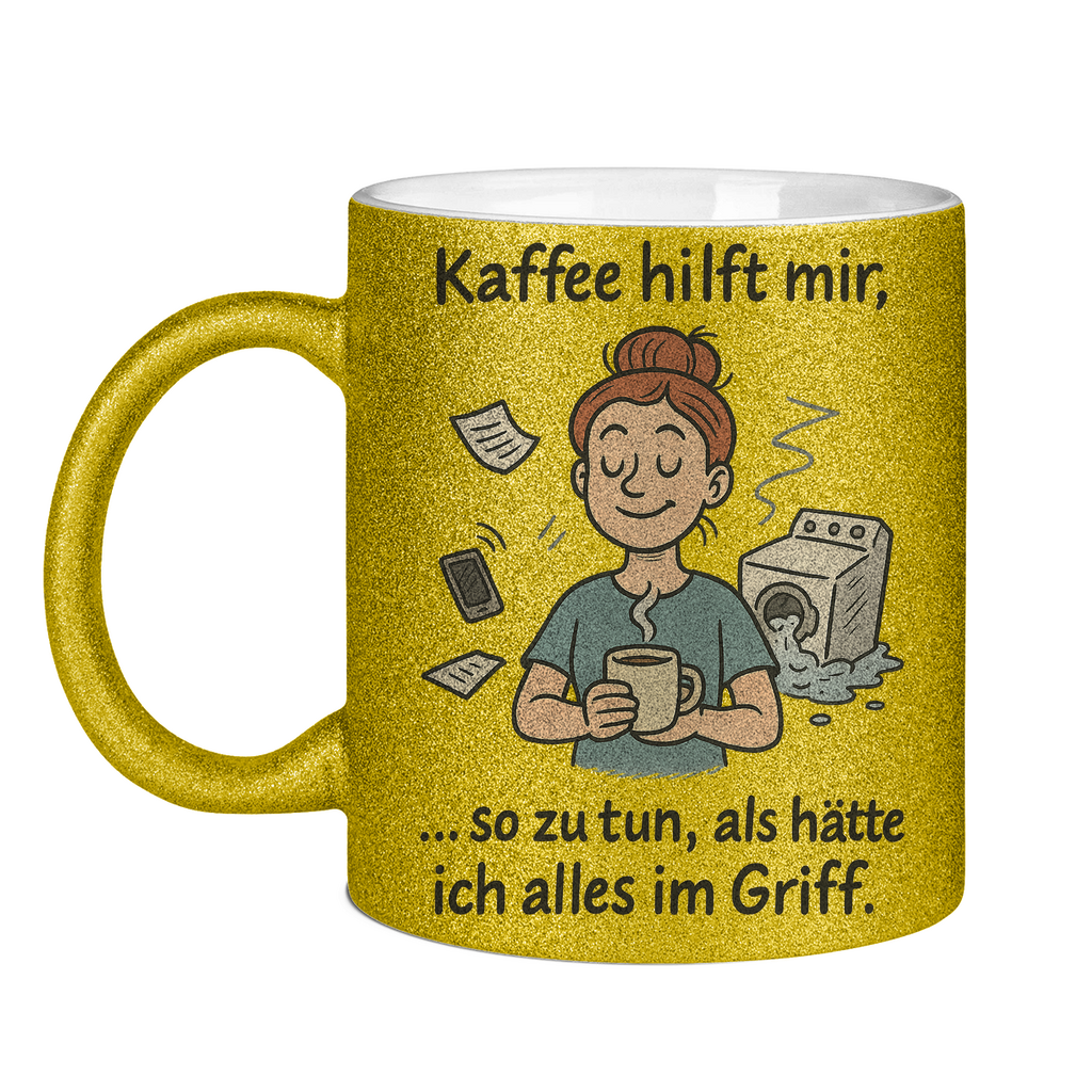 Kaffee hilft mir Glitzertasse in gelb